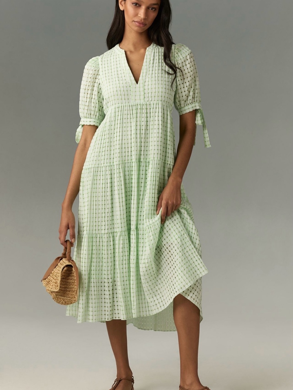 English Factory Light Green Gingham Tiered Midi Dress